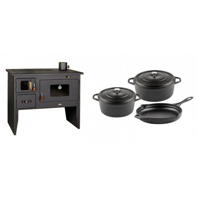 Set Küchenofen / Küchenhexe mit Backofen und Kochplatte Prity, Modell 2P50, Leistung 16kW + Gusseisen Topf Set aus 3 teilen Solagio, Black Onyx - Kaminofen - Holzofen mit Backfach