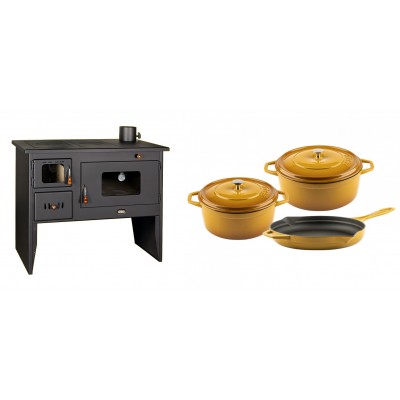 Set Küchenofen / Küchenhexe mit Backofen und Kochplatte Prity, Modell 2P50, Leistung 16kW + Gusseisen Topf Set aus 3 teilen Solagio, Dijon - Kaminofen - Holzofen mit Backfach