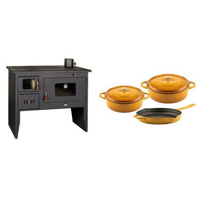 Set Küchenofen / Küchenhexe mit Backofen und Kochplatte Prity, Modell 2P50, Leistung 16kW + Gusseisen Topf Set aus 3 teilen Solagio, Dijon - Kaminofen - Holzofen mit Backfach