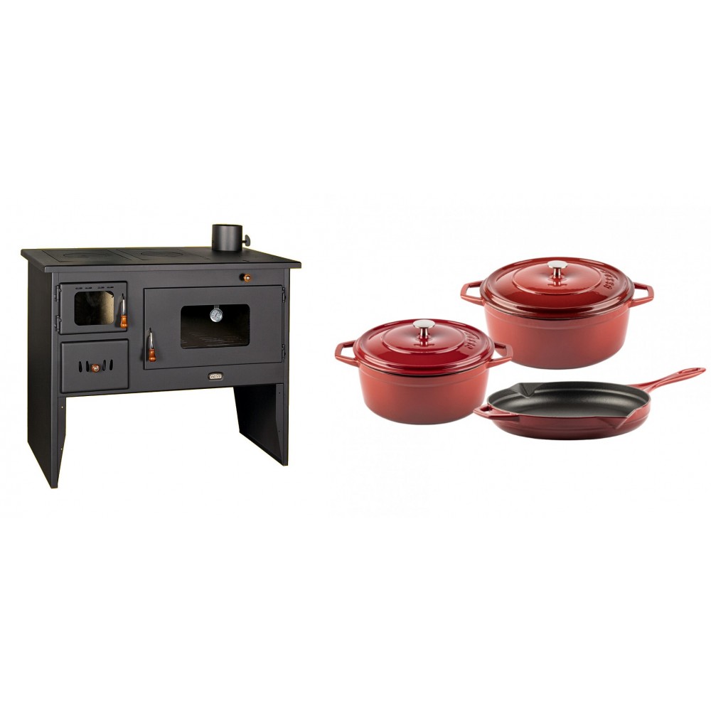 Set Küchenofen / Küchenhexe mit Backofen und Kochplatte Prity, Modell 2P50, Leistung 16kW + Gusseisen Topf Set aus 3 teilen Solagio, Rubin | Kaminofen - Holzofen mit Backfach | Kaminofen |