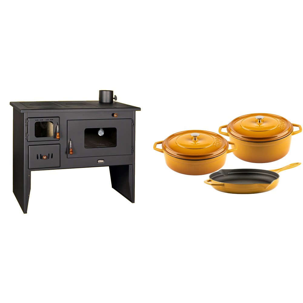 Set Küchenofen / Küchenhexe mit Backofen und Kochplatte Prity, Modell 2P50, Leistung 16kW + Gusseisen Topf Set aus 3 teilen Solagio, Dijon