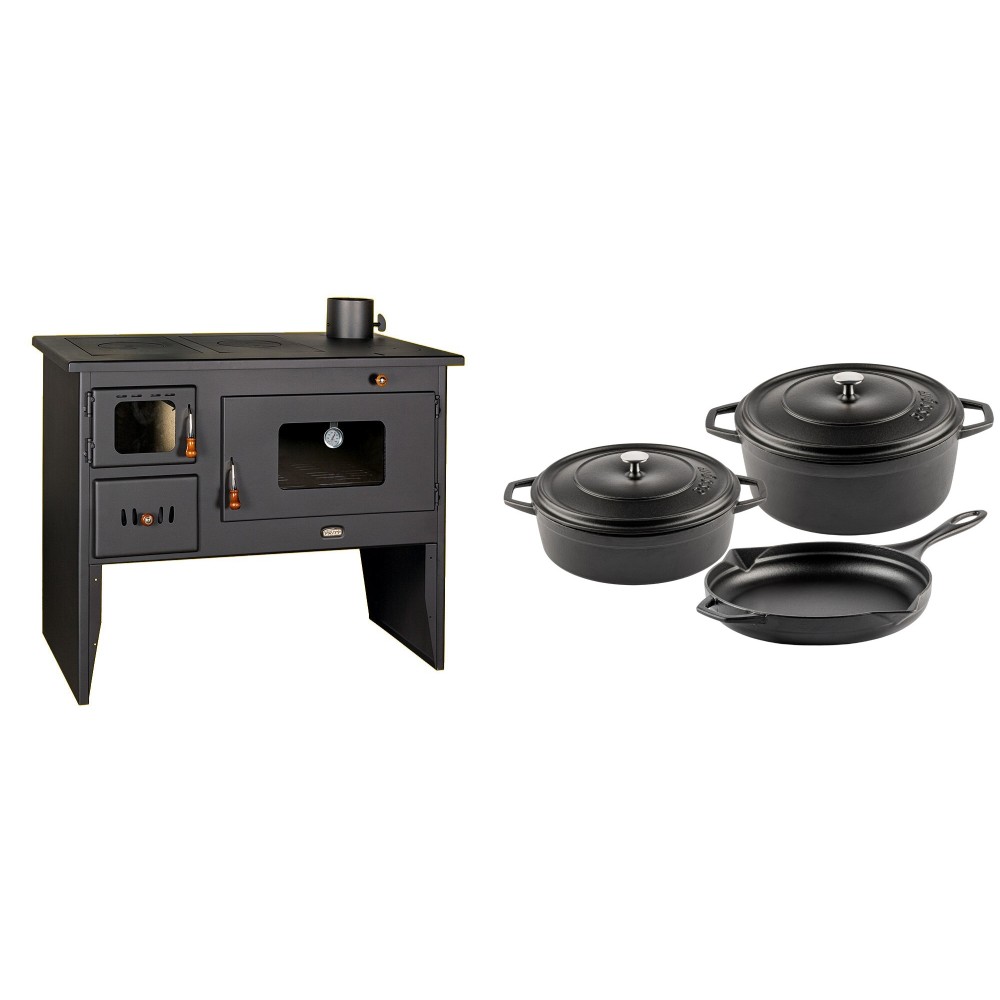 Set Küchenofen / Küchenhexe mit Backofen und Kochplatte Prity, Modell 2P50, Leistung 16kW + Gusseisen Topf Set aus 3 teilen Solagio, Black Onyx | Kaminofen - Holzofen mit Backfach | Kaminofen |