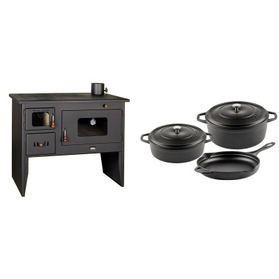 Set Küchenofen / Küchenhexe mit Backofen und Kochplatte Prity, Modell 2P50, Leistung 16kW + Gusseisen Topf Set aus 3 teilen Solagio, Black Onyx - Kaminofen - Holzofen mit Backfach