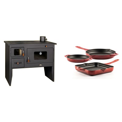 Set Küchenofen / Küchenhexe mit Backofen und Kochplatte Prity, Modell 2P50, Leistung 16kW + Gusseisen Topf Set aus 3 teilen Solagio, Rubin - Kaminofen - Holzofen mit Backfach