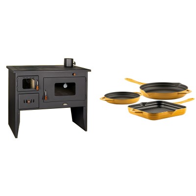 Set Küchenofen / Küchenhexe mit Backofen und Kochplatte Prity, Modell 2P50, Leistung 16kW + Gusseisen Topf Set aus 3 teilen Solagio, Dijon - Kaminofen - Holzofen mit Backfach