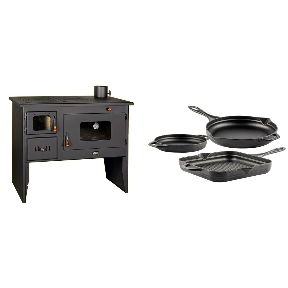 Set Küchenofen / Küchenhexe mit Backofen und Kochplatte Prity, Modell 2P50, Leistung 16kW + Gusseisen Topf Set aus 3 teilen Solagio, Black Onyx