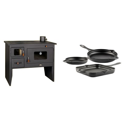 Set Küchenofen / Küchenhexe mit Backofen und Kochplatte Prity, Modell 2P50, Leistung 16kW + Gusseisen Topf Set aus 3 teilen Solagio, Black Onyx - Kaminofen - Holzofen mit Backfach