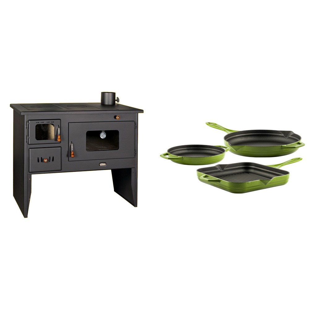 Set Küchenofen / Küchenhexe mit Backofen und Kochplatte Prity, Modell 2P50, Leistung 16kW + Gusseisen Topf Set aus 3 teilen Solagio, Bamboo | Kaminofen - Holzofen mit Backfach | Kaminofen |