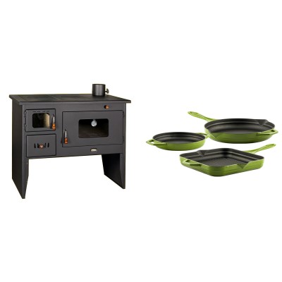 Set Küchenofen / Küchenhexe mit Backofen und Kochplatte Prity, Modell 2P50, Leistung 16kW + Gusseisen Topf Set aus 3 teilen Solagio, Bamboo - Kaminofen - Holzofen mit Backfach