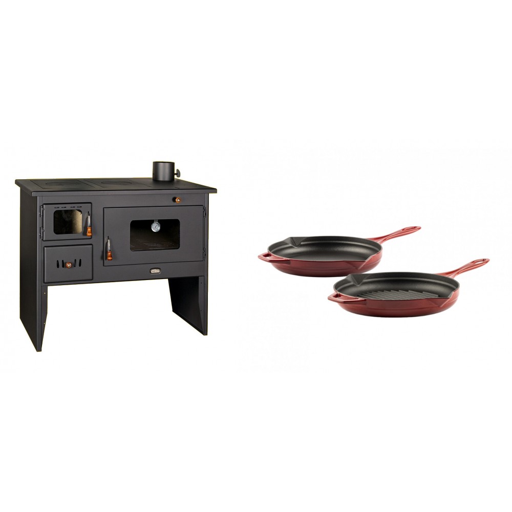 Set Küchenofen / Küchenhexe mit Backofen und Kochplatte Prity, Modell 2P50, Leistung 16kW + Gusseisen Topf Set aus 2 teilen Solagio, Rubin