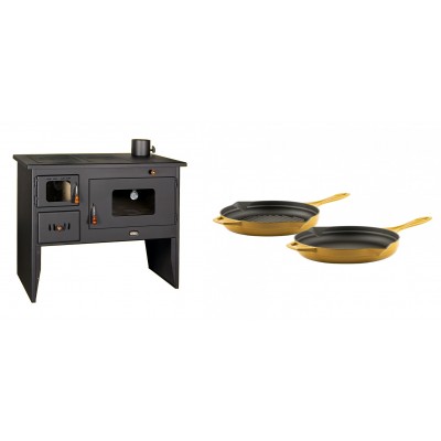 Set Küchenofen / Küchenhexe mit Backofen und Kochplatte Prity, Modell 2P50, Leistung 16kW + Gusseisen Topf Set aus 2 teilen Solagio, Dijon - Kaminofen - Holzofen mit Backfach