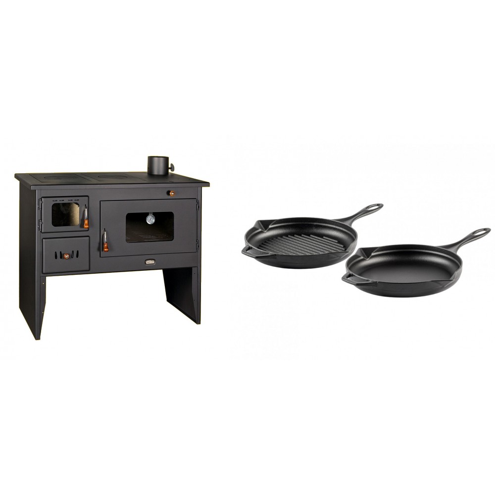Set Küchenofen / Küchenhexe mit Backofen und Kochplatte Prity, Modell 2P50, Leistung 16kW + Gusseisen Topf Set aus 2 teilen Solagio, Black Onyx | Kaminofen - Holzofen mit Backfach | Kaminofen |
