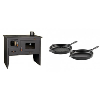 Set Küchenofen / Küchenhexe mit Backofen und Kochplatte Prity, Modell 2P50, Leistung 16kW + Gusseisen Topf Set aus 2 teilen Solagio, Black Onyx - Kaminofen - Holzofen mit Backfach