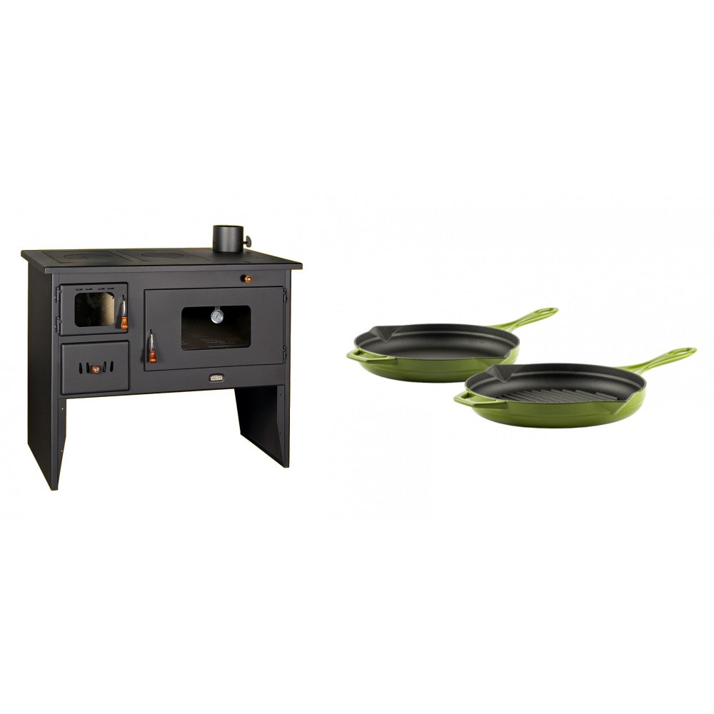 Set Küchenofen / Küchenhexe mit Backofen und Kochplatte Prity, Modell 2P50, Leistung 16kW + Gusseisen Topf Set aus 2 teilen Solagio, Bamboo | Kaminofen - Holzofen mit Backfach | Kaminofen |