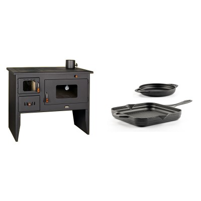 Set Küchenofen / Küchenhexe mit Backofen und Kochplatte Prity, Modell 2P50, Leistung 16kW + Gusseisen Topf Set aus 2 teilen Solagio, Black Onyx - Kaminofen - Holzofen mit Backfach