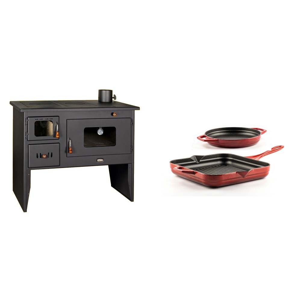 Set Küchenofen / Küchenhexe mit Backofen und Kochplatte Prity, Modell 2P50, Leistung 16kW + Gusseisen Topf Set aus 2 teilen Solagio, Rubin