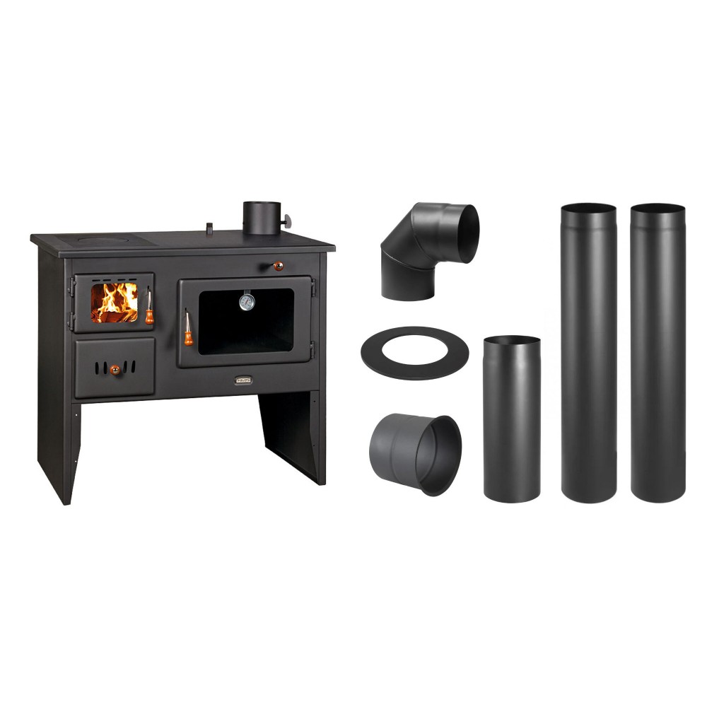 Set Küchenofen / Küchenhexe Wasserführend Prity mit Backofen und Kochplatte, Modell 1P41 W12, Leistung 16.1kW + Schornstein Bausatz PARKANEX, Stahl Ø130, Dicke 2mm