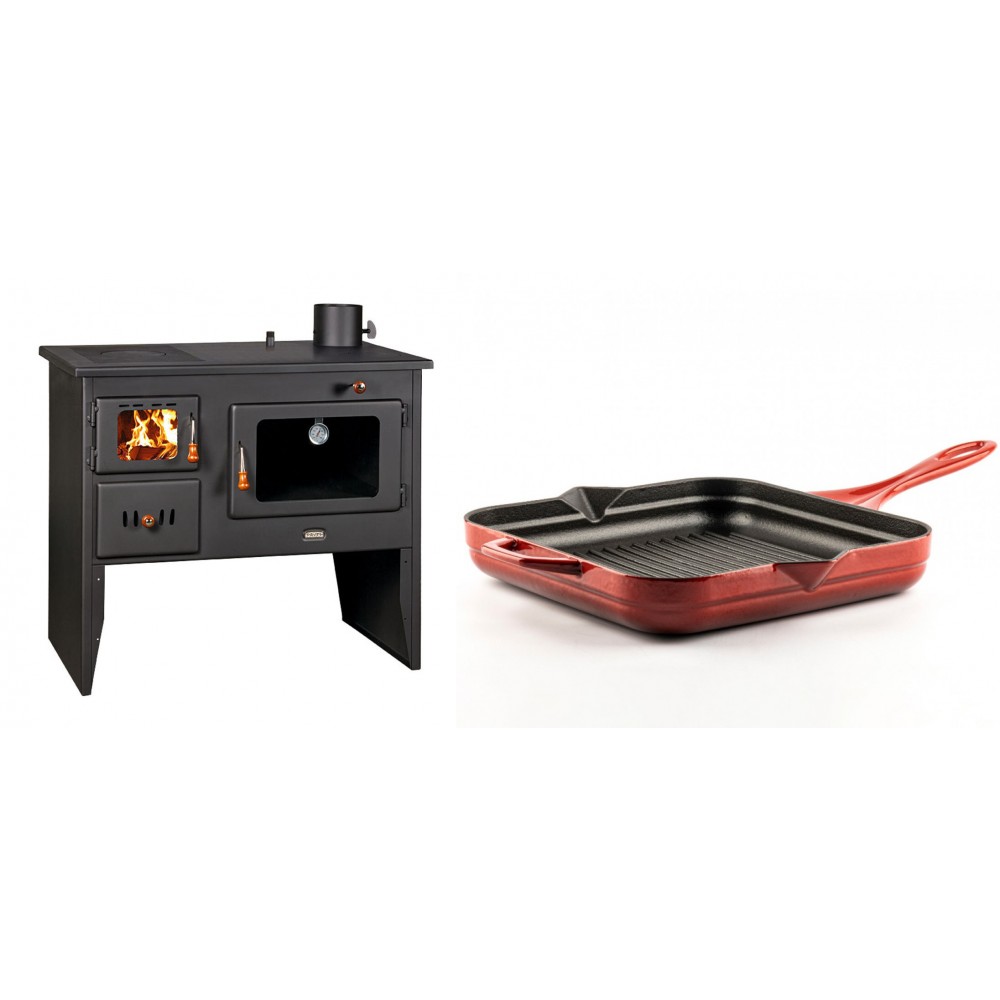 Set Küchenofen / Küchenhexe Wasserführend Prity mit Backofen und Kochplatte, Modell 1P41 W12, Leistung 16.1kW + Emaillierte grillpfanne Gusseisen Solagio, Rubin, 28x28cm | Kaminofen - Holzofen mit Backfach | Prity |