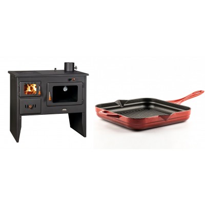 Set Küchenofen / Küchenhexe Wasserführend Prity mit Backofen und Kochplatte, Modell 1P41 W12, Leistung 16.1kW + Emaillierte grillpfanne Gusseisen Solagio, Rubin, 28x28cm - Kaminofen - Holzofen mit Backfach