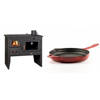 Set Küchenofen / Küchenhexe Wasserführend Prity mit Backofen und Kochplatte, Modell 1P41 W12, Leistung 16.1kW + Emaillierte grillpfanne Gusseisen Solagio, Rubin, Ф28cm - Kaminofen - Holzofen mit Backfach