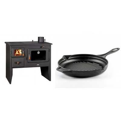 Set Küchenofen / Küchenhexe Wasserführend Prity mit Backofen und Kochplatte, Modell 1P41 W12, Leistung 16.1kW + Emaillierte grillpfanne Gusseisen Solagio, Black Onyx, Ф28cm - Kaminofen - Holzofen mit Backfach