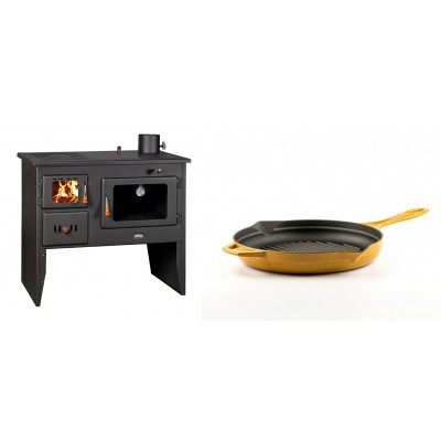 Set Küchenofen / Küchenhexe Wasserführend Prity mit Backofen und Kochplatte, Modell 1P41 W12, Leistung 16.1kW + Emaillierte grillpfanne Gusseisen Solagio, Dijon, Ф24cm - Kaminofen - Holzofen mit Backfach