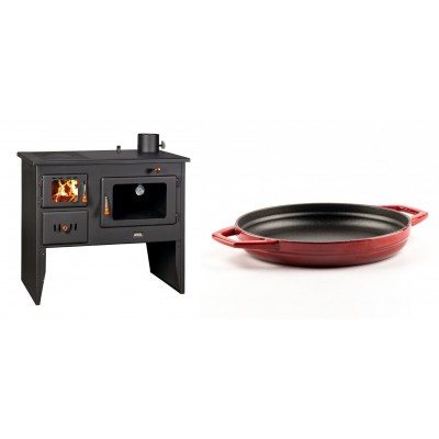 Set Küchenofen / Küchenhexe Wasserführend Prity mit Backofen und Kochplatte, Modell 1P41 W12, Leistung 16.1kW + Emaillierte gusseisenpfanne mit zwei Griffen Solagio, Rubin, Ф22cm - Kaminofen - Holzofen mit Backfach