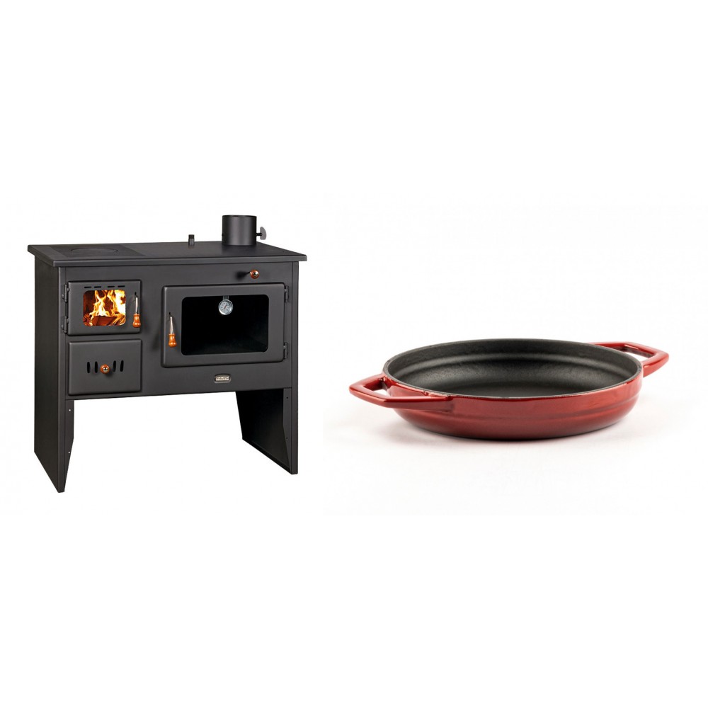 Set Küchenofen / Küchenhexe Wasserführend Prity mit Backofen und Kochplatte, Modell 1P41 W12, Leistung 16.1kW + Emaillierte gusseisenpfanne mit zwei Griffen Solagio, Rubin, Ф19cm