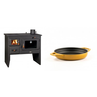 Set Küchenofen / Küchenhexe Wasserführend Prity mit Backofen und Kochplatte, Modell 1P41 W12, Leistung 16.1kW + Emaillierte gusseisenpfanne mit zwei Griffen Solagio, Dijon, Ф16cm - Kaminofen - Holzofen mit Backfach