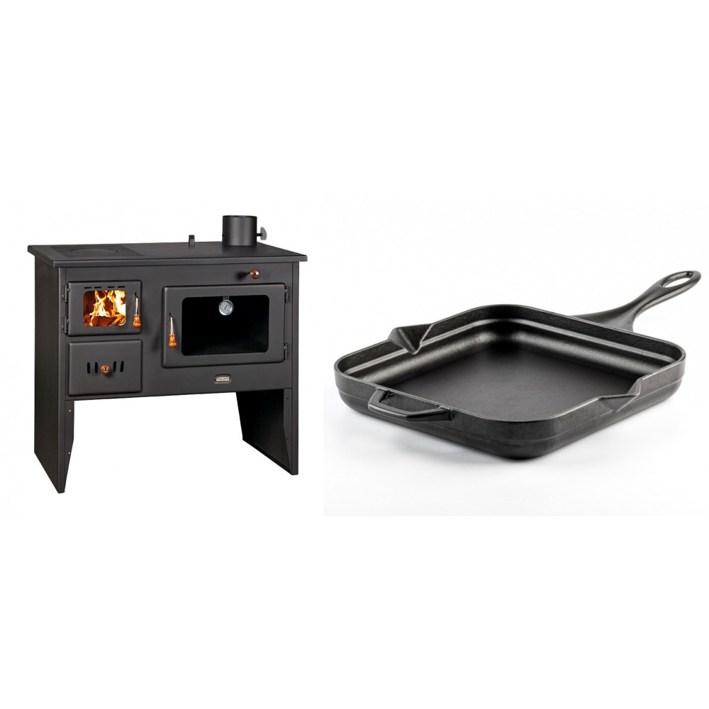 Set Küchenofen / Küchenhexe Wasserführend Prity mit Backofen und Kochplatte, Modell 1P41 W12, Leistung 16.1kW + Emaillierte Gusseisenpfanne Solagio, Black Onyx, 28x28cm
