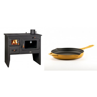 Set Küchenofen / Küchenhexe Wasserführend Prity mit Backofen und Kochplatte, Modell 1P41 W12, Leistung 16.1kW + Emaillierte Gusseisenpfanne Solagio, Dijon, Ф24cm - Kaminofen - Holzofen mit Backfach