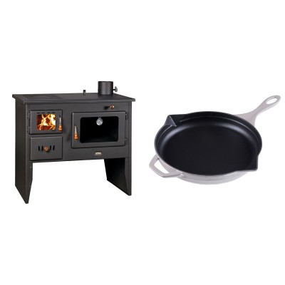 Set Küchenofen / Küchenhexe Wasserführend Prity mit Backofen und Kochplatte, Modell 1P41 W12, Leistung 16.1kW + Emaillierte Gusseisenpfanne Solagio, Ivory, Ф28cm - Kaminofen - Holzofen mit Backfach