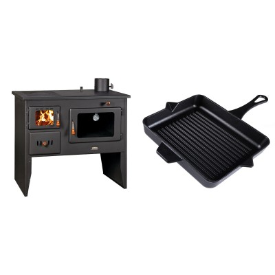 Set Küchenofen / Küchenhexe Wasserführend Prity mit Backofen und Kochplatte, Modell 1P41 W12, Leistung 16.1kW + Emaillierte grillpfanne Gusseisen Solagio, Black Onyx, 26x32cm - Kaminofen - Holzofen mit Backfach