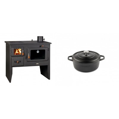 Set Küchenofen / Küchenhexe Wasserführend Prity mit Backofen und Kochplatte, Modell 1P41 W12, Leistung 16.1kW + Gusseisen Topf Tiefer Solagio, Black Onyx, Ф12 - Kaminofen - Holzofen mit Backfach