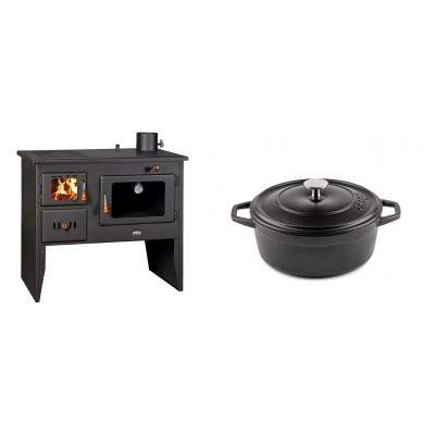 Set Küchenofen / Küchenhexe Wasserführend Prity mit Backofen und Kochplatte, Modell 1P41 W12, Leistung 16.1kW + Gusseisen Topf Tiefer Solagio, Black Onyx, Ф20 - Kaminofen - Holzofen mit Backfach
