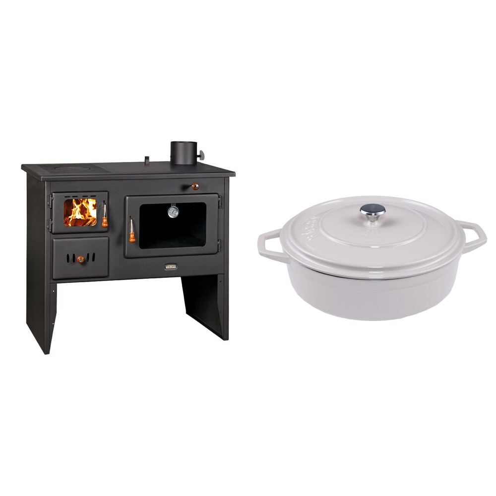 Set Küchenofen / Küchenhexe Wasserführend Prity mit Backofen und Kochplatte, Modell 1P41 W12, Leistung 16.1kW + Gusseisen Topf Flach Solagio, Ivory, Ф28 | Kaminofen - Holzofen mit Backfach | Prity |