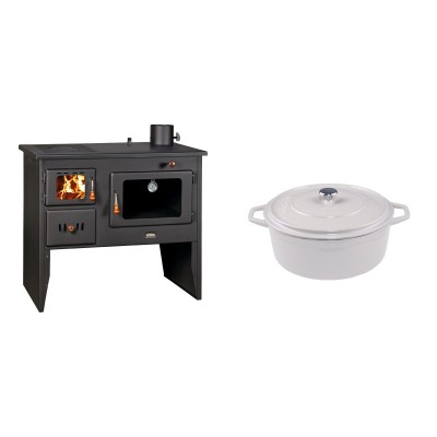 Set Küchenofen / Küchenhexe Wasserführend Prity mit Backofen und Kochplatte, Modell 1P41 W12, Leistung 16.1kW + Gusseisen Topf Tiefer Solagio, Ivory, Ф20 - Kaminofen - Holzofen mit Backfach