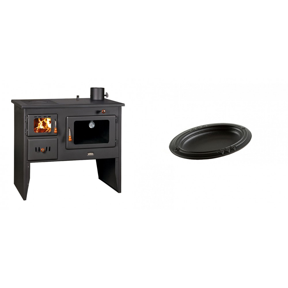 Set Küchenofen / Küchenhexe Wasserführend Prity mit Backofen und Kochplatte, Modell 1P41 W12, Leistung 16.1kW + Gusseiserne auflaufform Solagio oval, 17x28cm