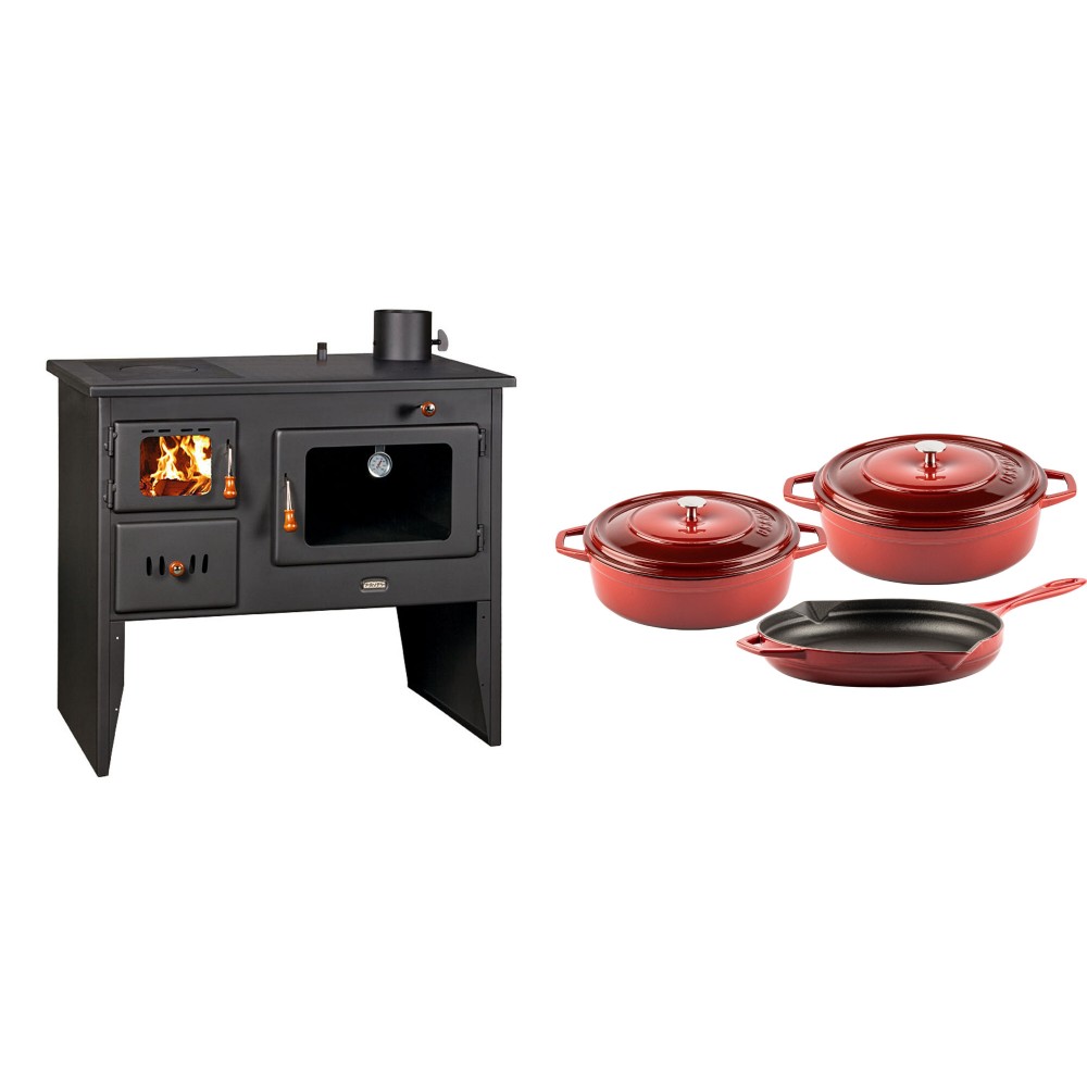 Set Küchenofen / Küchenhexe Wasserführend Prity mit Backofen und Kochplatte, Modell 1P41 W12, Leistung 16.1kW + Gusseisen Topf Set aus 3 teilen Solagio, Rubin