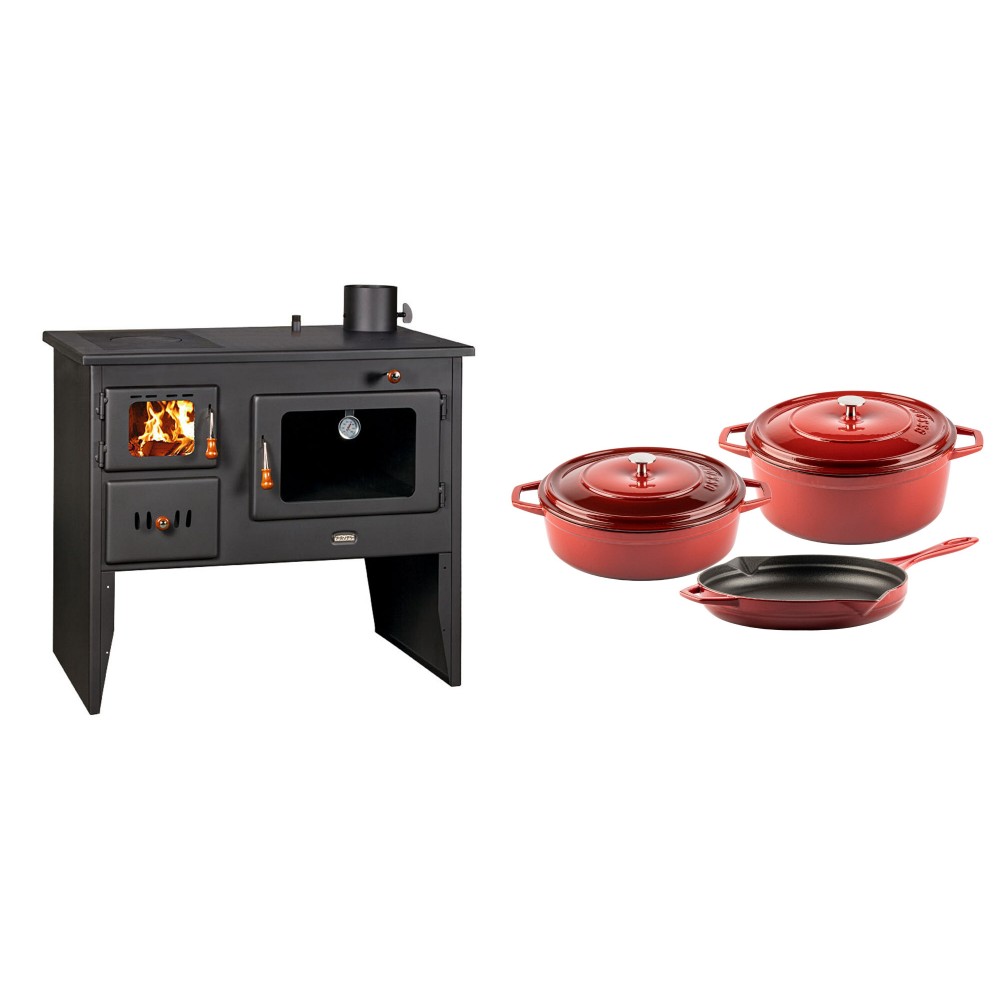 Set Küchenofen / Küchenhexe Wasserführend Prity mit Backofen und Kochplatte, Modell 1P41 W12, Leistung 16.1kW + Gusseisen Topf Set aus 3 teilen Solagio, Rubin