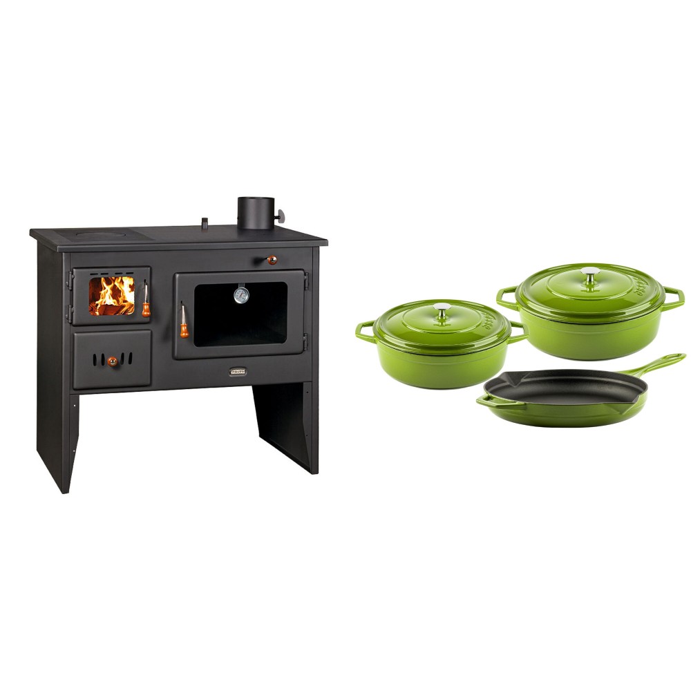 Set Küchenofen / Küchenhexe Wasserführend Prity mit Backofen und Kochplatte, Modell 1P41 W12, Leistung 16.1kW + Gusseisen Topf Set aus 3 teilen Solagio, Bamboo