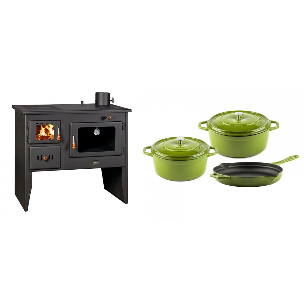 Set Küchenofen / Küchenhexe Wasserführend Prity mit Backofen und Kochplatte, Modell 1P41 W12, Leistung 16.1kW + Gusseisen Topf Set aus 3 teilen Solagio, Bamboo