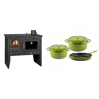 Set Küchenofen / Küchenhexe Wasserführend Prity mit Backofen und Kochplatte, Modell 1P41 W12, Leistung 16.1kW + Gusseisen Topf Set aus 3 teilen Solagio, Bamboo - Kaminofen - Holzofen mit Backfach