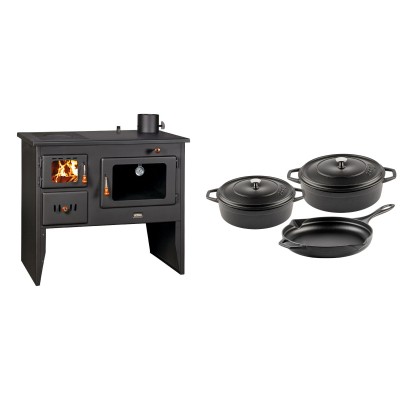 Set Küchenofen / Küchenhexe Wasserführend Prity mit Backofen und Kochplatte, Modell 1P41 W12, Leistung 16.1kW + Gusseisen Topf Set aus 3 teilen Solagio, Black Onyx - Kaminofen - Holzofen mit Backfach