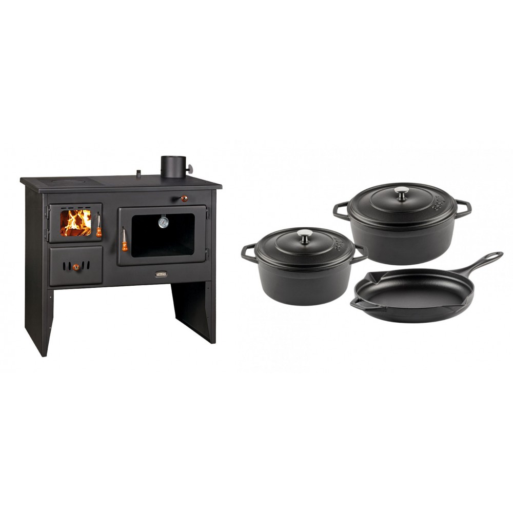 Set Küchenofen / Küchenhexe Wasserführend Prity mit Backofen und Kochplatte, Modell 1P41 W12, Leistung 16.1kW + Gusseisen Topf Set aus 3 teilen Solagio, Black Onyx