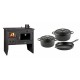 Set Küchenofen / Küchenhexe Wasserführend Prity mit Backofen und Kochplatte, Modell 1P41 W12, Leistung 16.1kW + Gusseisen Topf Set aus 3 teilen Solagio, Black Onyx | Kaminofen - Holzofen mit Backfach | Prity |