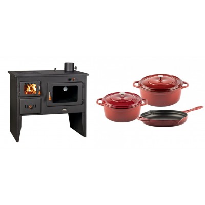 Set Küchenofen / Küchenhexe Wasserführend Prity mit Backofen und Kochplatte, Modell 1P41 W12, Leistung 16.1kW + Gusseisen Topf Set aus 3 teilen Solagio, Rubin - Kaminofen - Holzofen mit Backfach