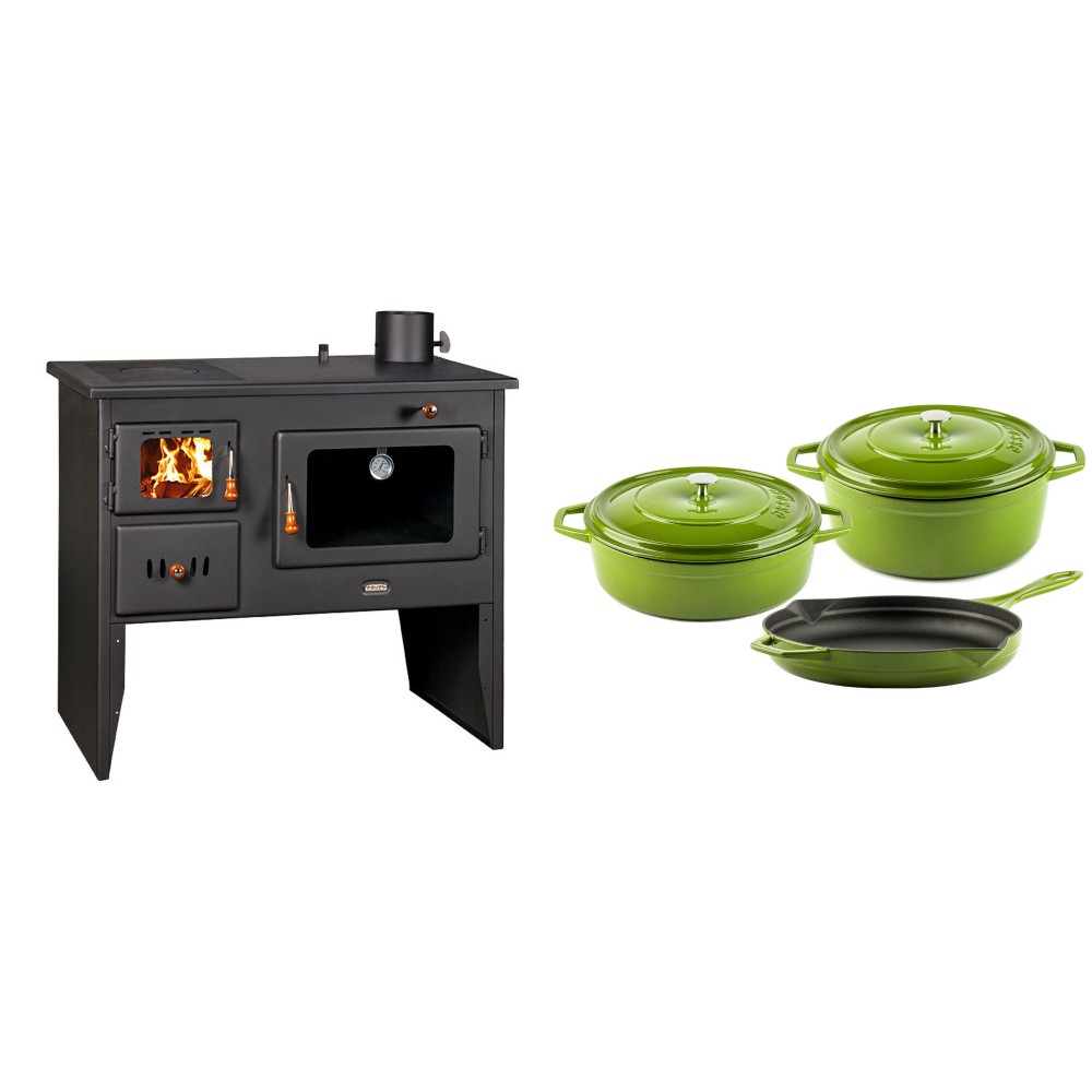 Set Küchenofen / Küchenhexe Wasserführend Prity mit Backofen und Kochplatte, Modell 1P41 W12, Leistung 16.1kW + Gusseisen Topf Set aus 3 teilen Solagio, Bamboo