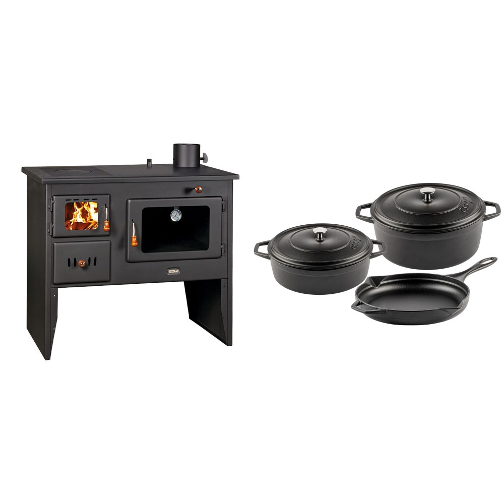 Set Küchenofen / Küchenhexe Wasserführend Prity mit Backofen und Kochplatte, Modell 1P41 W12, Leistung 16.1kW + Gusseisen Topf Set aus 3 teilen Solagio, Black Onyx | Kaminofen - Holzofen mit Backfach | Prity |