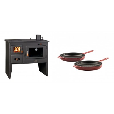 Set Küchenofen / Küchenhexe Wasserführend Prity mit Backofen und Kochplatte, Modell 1P41 W12, Leistung 16.1kW + Gusseisen Topf Set aus 2 teilen Solagio, Rubin - Kaminofen - Holzofen mit Backfach